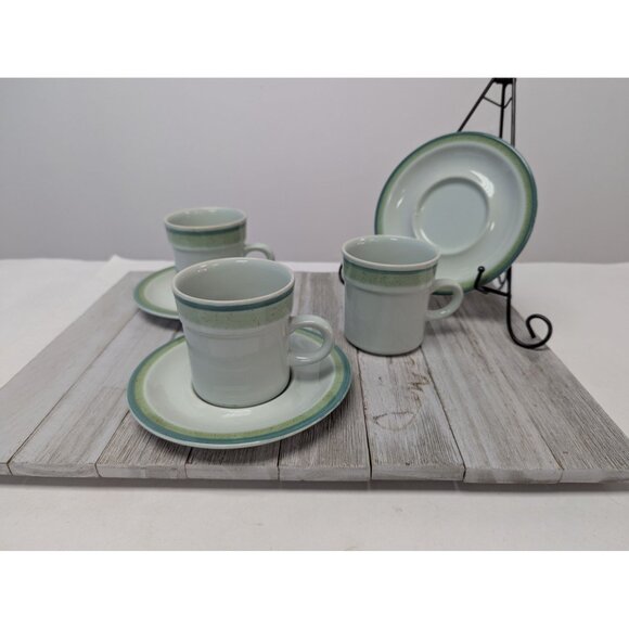 Vintage Stoneware JCPenney Sea Green Tea Coffee Cups & Saucers Set Of 3 - Picture 1 of 9
